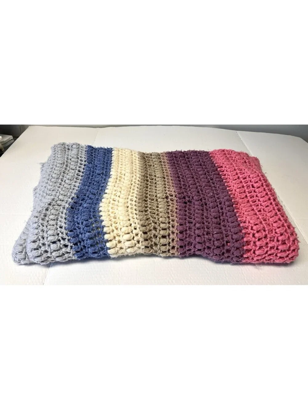 Vintage Hand Knit Afghan Throw Blanket Earth Tones Striped, 56 X 44 Inch